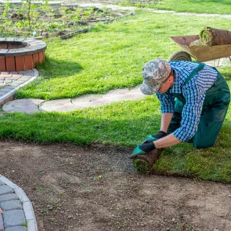 jardinier en train de poser un rouleau de gazon